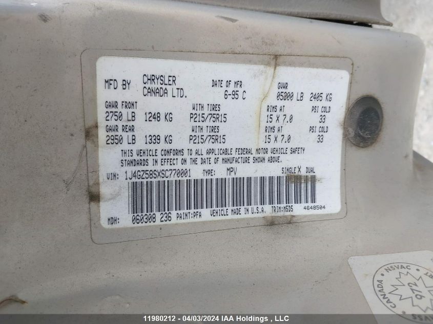 1995 Jeep Grand Cherokee Laredo VIN: 1J4GZ58SXSC770001 Lot: 11980212