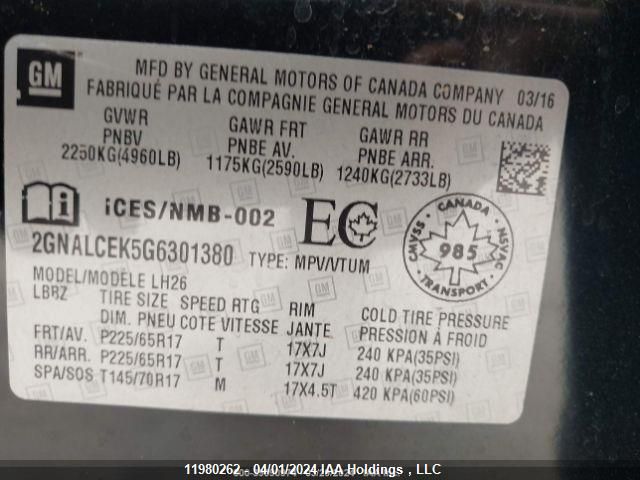 2016 Chevrolet Equinox VIN: 2GNALCEK5G6301380 Lot: 11980262