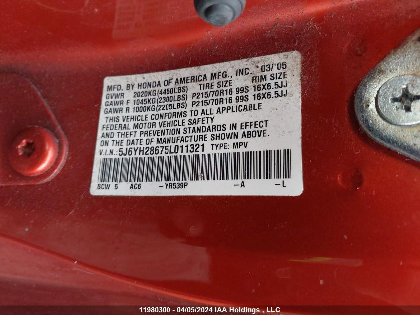 2005 Honda Element VIN: 5J6YH28675L011321 Lot: 11980300