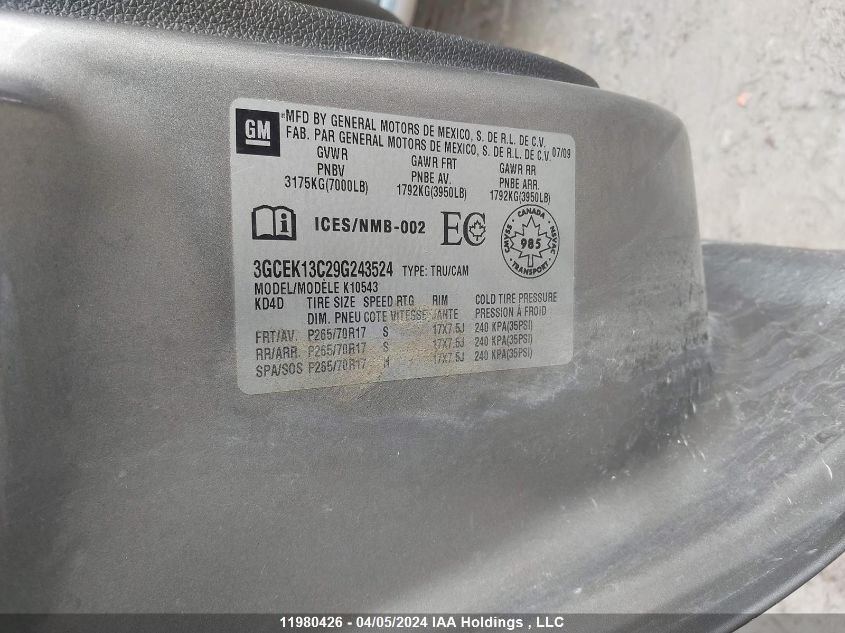 2009 Chevrolet Silverado 1500 VIN: 3GCEK13C29G243524 Lot: 11980426