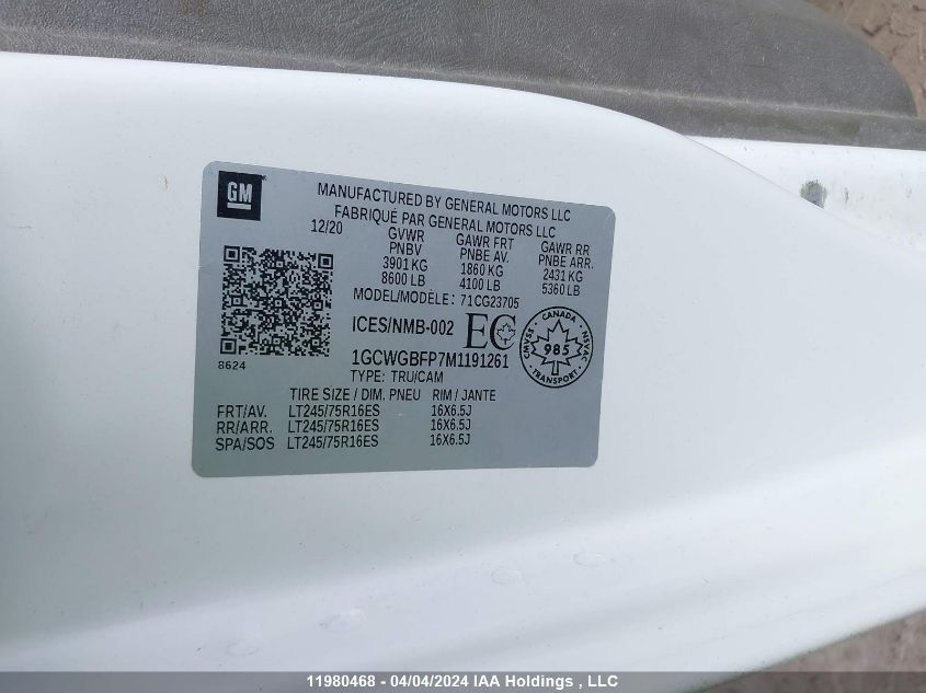 2021 Chevrolet Express Cargo Van VIN: 1GCWGBFP7M1191261 Lot: 11980468