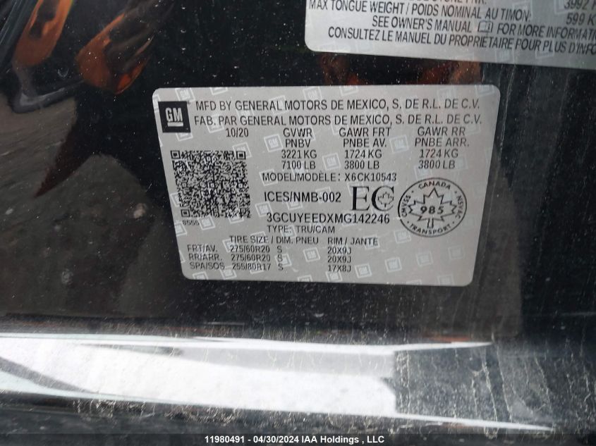 2021 Chevrolet Silverado 1500 VIN: 3GCUYEEDXMG142246 Lot: 11980491