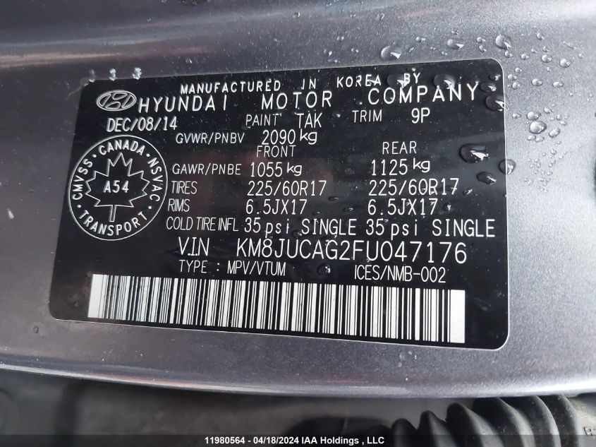 2015 Hyundai Tucson Limited/Se VIN: KM8JUCAG2FU047176 Lot: 11980564