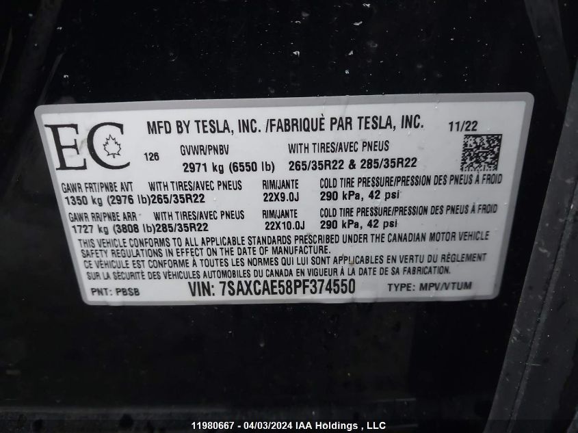 2023 Tesla Model X VIN: 7SAXCAE58PF374550 Lot: 11980667