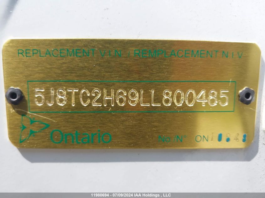 2020 Acura Rdx VIN: 5J8TC2H69LL800485 Lot: 11980694