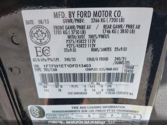 2013 Ford F-150 Limited VIN: 1FTFW1ET1DFD13403 Lot: 11980706