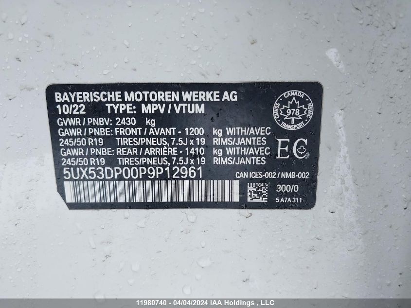 2023 BMW X3 3.0I VIN: 5UX53DP00P9P12961 Lot: 11980740