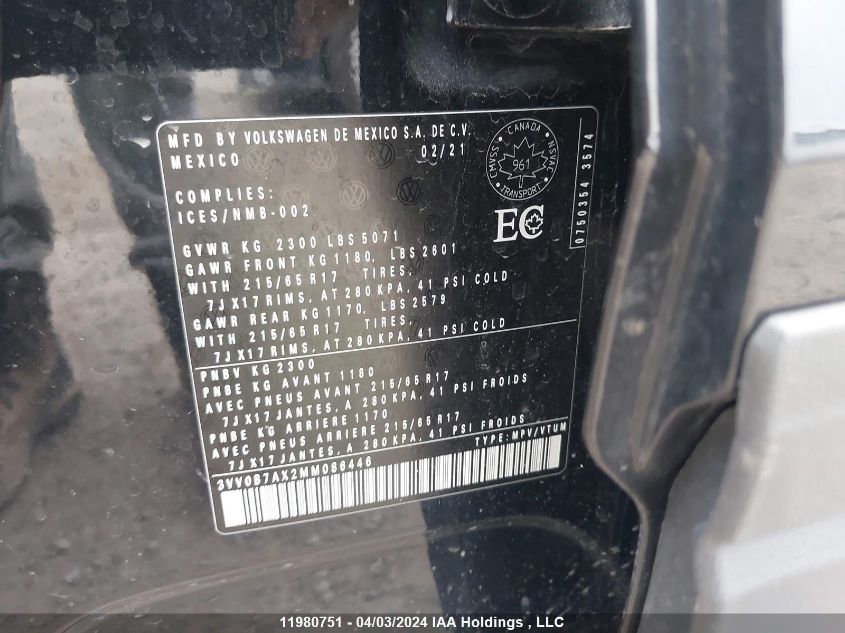 2021 Volkswagen Tiguan VIN: 3VV0B7AX2MM086446 Lot: 11980751