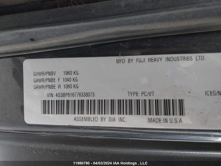 2007 Subaru Legacy VIN: 4S3BP616776338075 Lot: 11980790