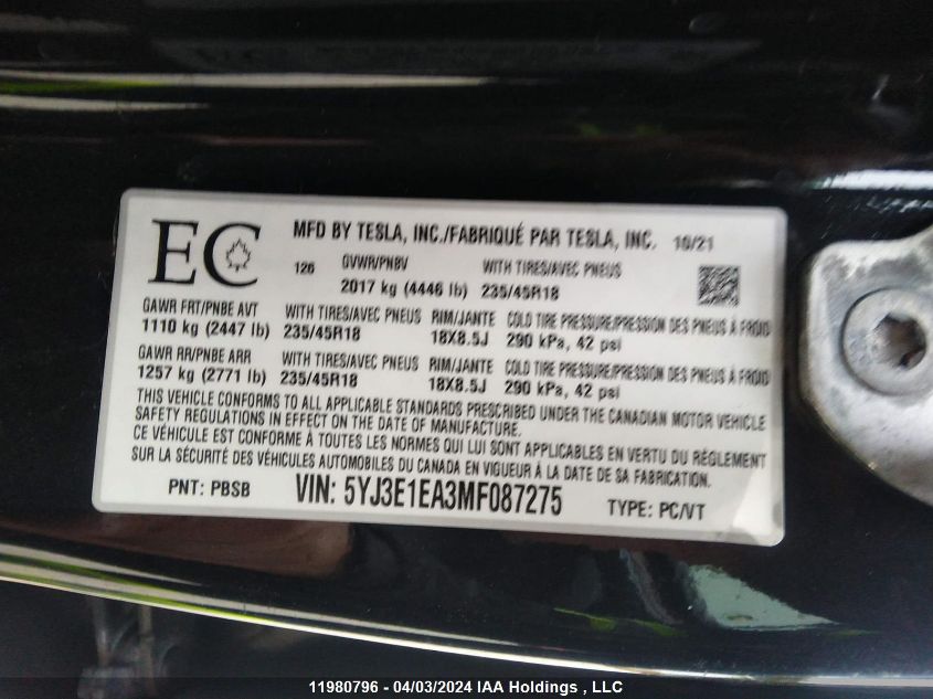 2021 Tesla Model 3 VIN: 5YJ3E1EA3MF087275 Lot: 11980796