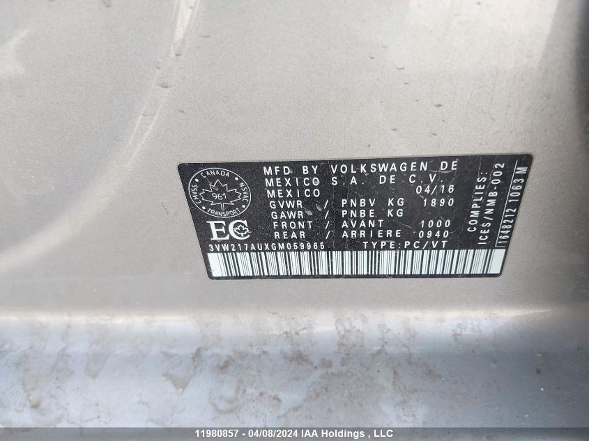 2016 Volkswagen Golf S/Se/Sel VIN: 3VW217AUXGM059965 Lot: 11980857