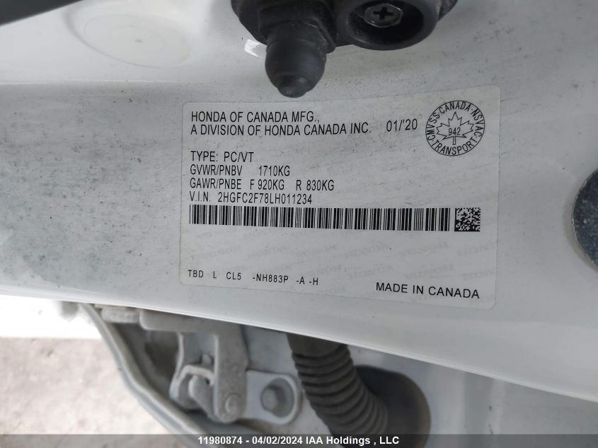 2020 Honda Civic Ex 4Dr VIN: 2HGFC2F78LH011234 Lot: 11980874