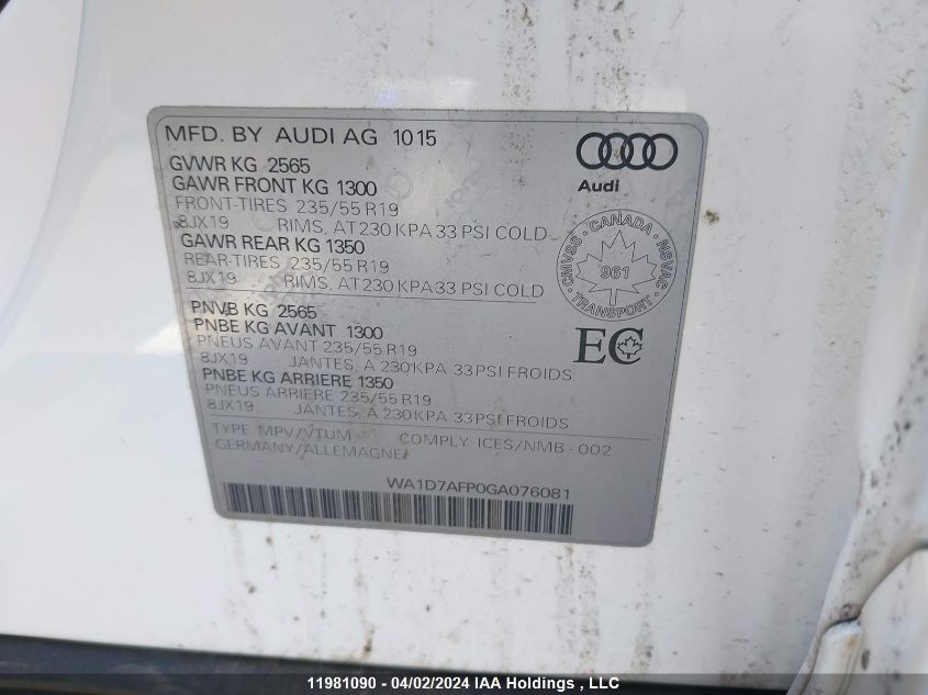 2016 Audi Q5 VIN: WA1D7AFP0GA076081 Lot: 11981090