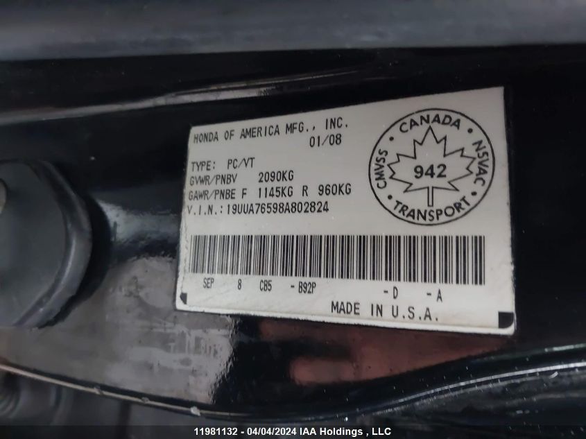 2008 Acura Tl VIN: 19UUA76598A802824 Lot: 11981132