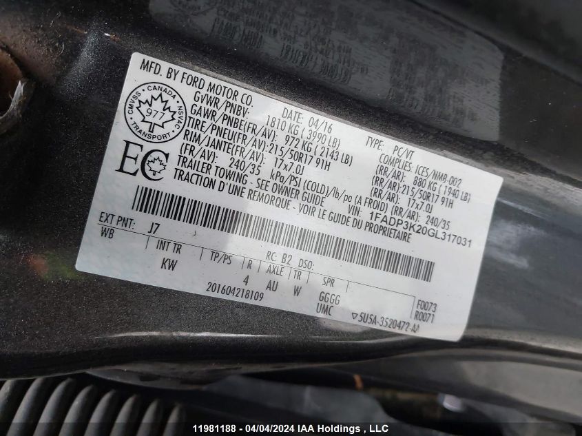 2016 Ford Focus Se VIN: 1FADP3K20GL317031 Lot: 11981188