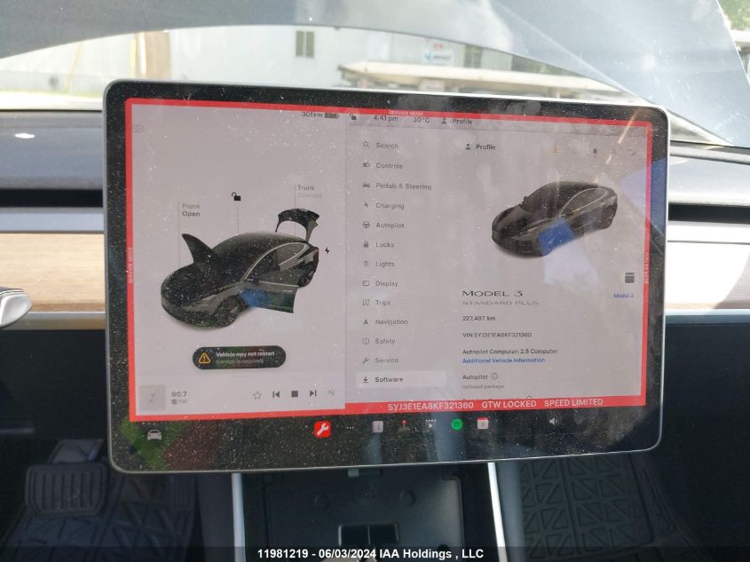 2019 Tesla Model 3 VIN: 5YJ3E1EA8KF321360 Lot: 11981219