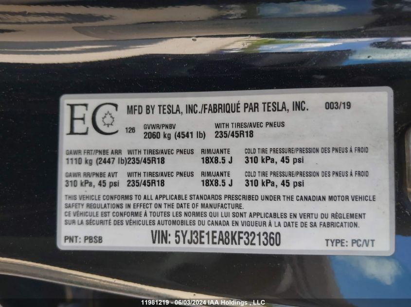 2019 Tesla Model 3 VIN: 5YJ3E1EA8KF321360 Lot: 11981219
