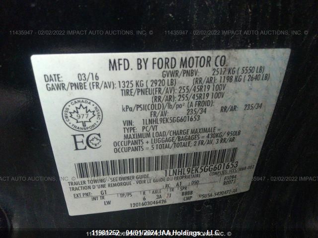 2016 Lincoln Mks VIN: 1LNHL9EK5GG601653 Lot: 11981262