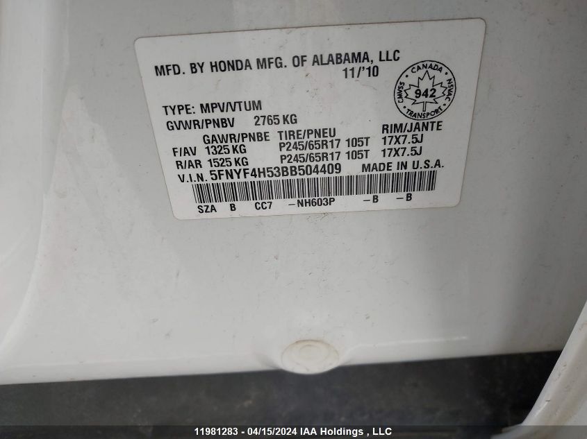 2011 Honda Pilot VIN: 5FNYF4H53BB504409 Lot: 11981283