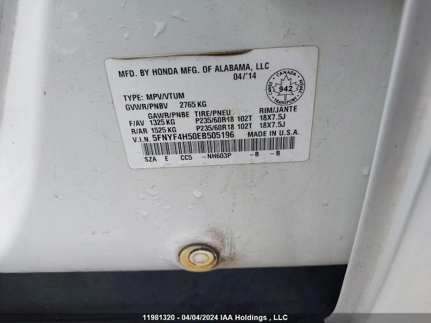 2014 Honda Pilot VIN: 5FNYF4H50EB505196 Lot: 11981320