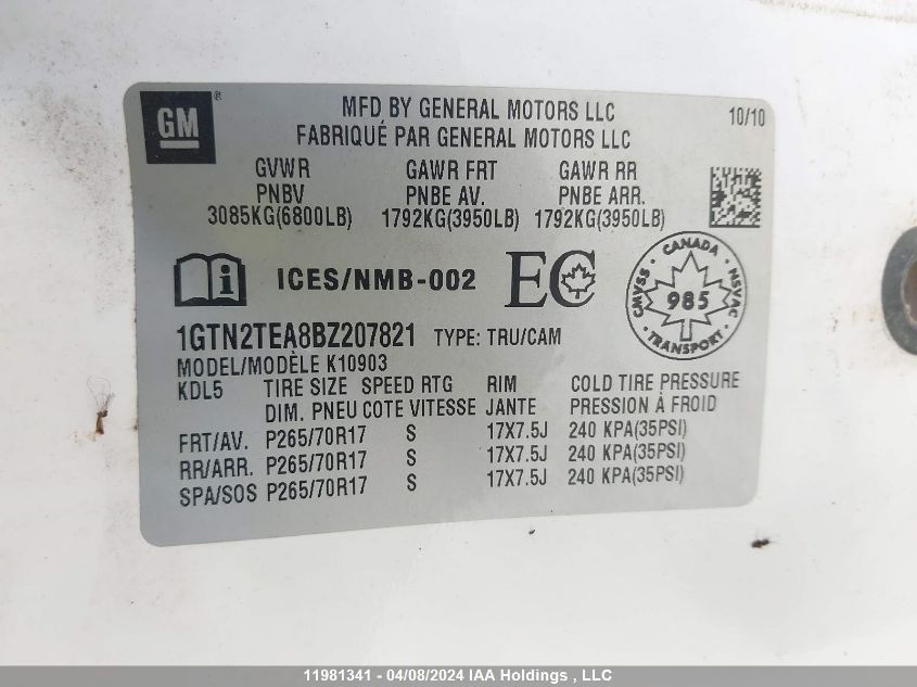 2011 GMC Sierra K1500 VIN: 1GTN2TEA8BZ207821 Lot: 11981341