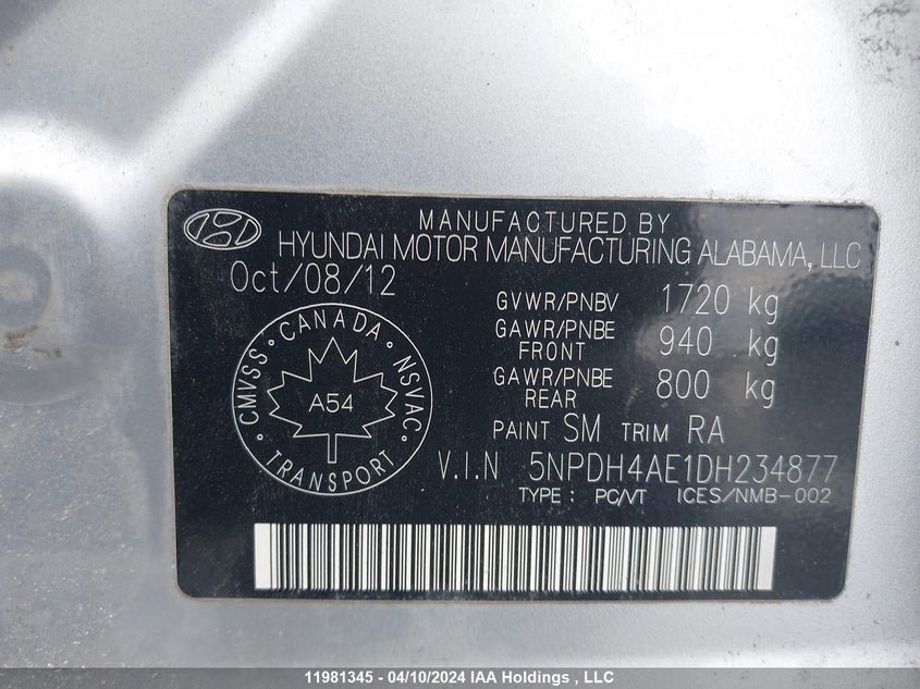 2013 Hyundai Elantra Gl VIN: 5NPDH4AE1DH234877 Lot: 11981345