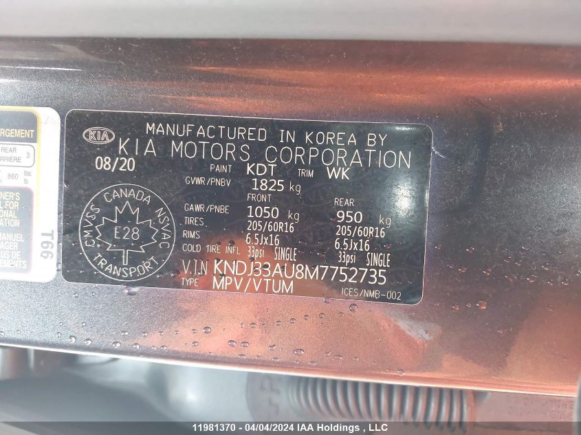 2021 Kia Soul VIN: KNDJ33AU8M7752735 Lot: 11981370