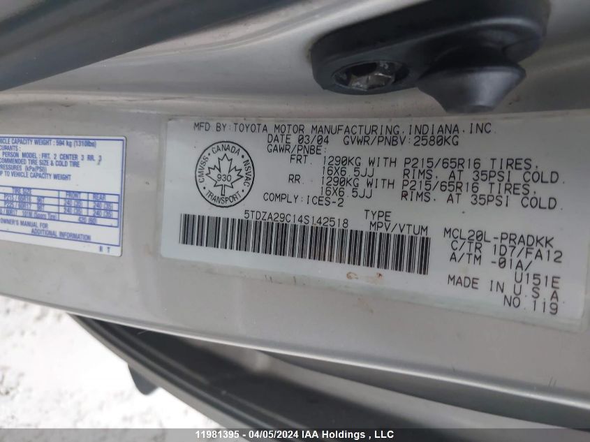 2004 Toyota Sienna VIN: 5TDZA29C14S142518 Lot: 11981395