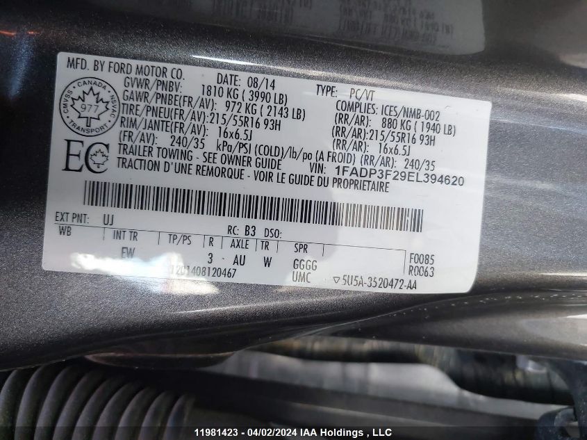 2014 Ford Focus Se VIN: 1FADP3F29EL394620 Lot: 11981423