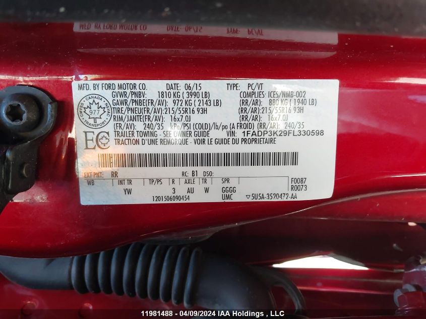 2015 Ford Focus Se VIN: 1FADP3K29FL330598 Lot: 39240399