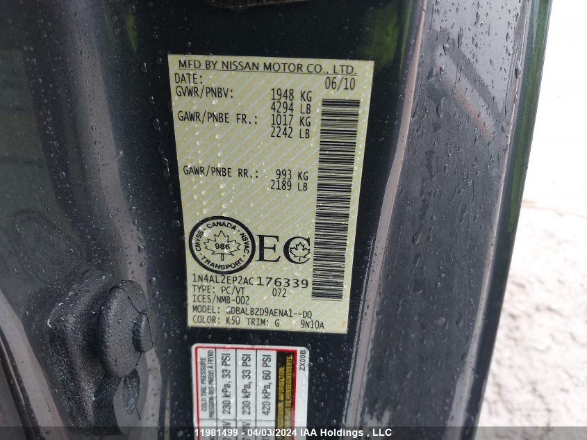 2010 Nissan Altima 2.5 S VIN: 1N4AL2EP2AC176339 Lot: 11981499