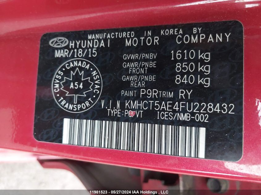 2015 Hyundai Accent VIN: KMHCT5AE4FU228432 Lot: 11981523