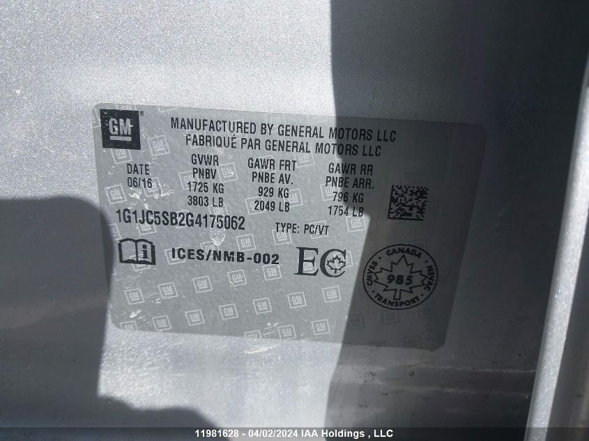 2016 Chevrolet Sonic VIN: 1G1JC5SB2G4175062 Lot: 11981628