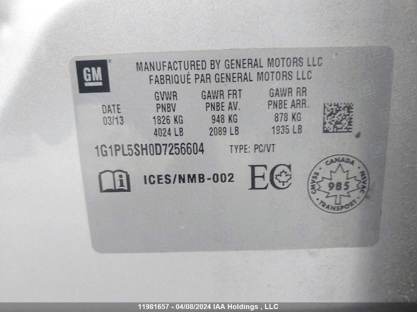 2013 Chevrolet Cruze VIN: 1G1PL5SH0D7256604 Lot: 11981657