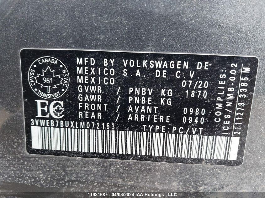 2020 Volkswagen Jetta Sel VIN: 3VWEB7BUXLM072153 Lot: 11981687