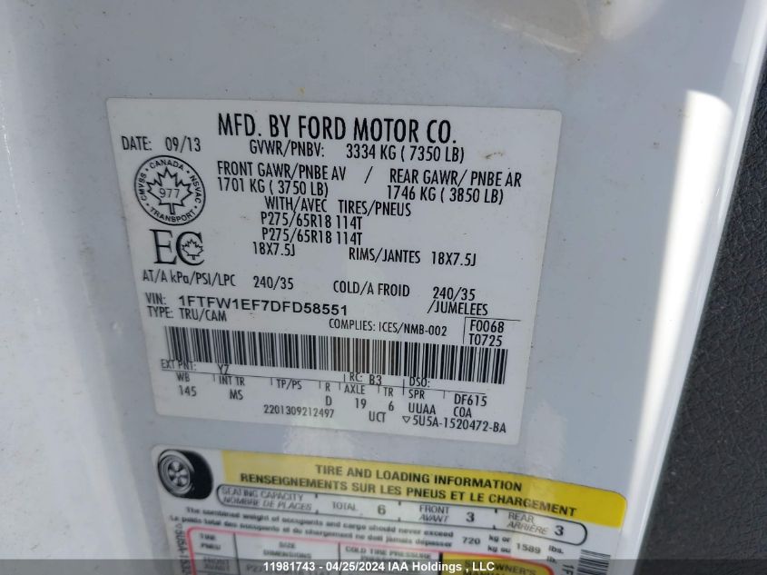 2013 Ford F-150 Xlt VIN: 1FTFW1EF7DFD58551 Lot: 11981743