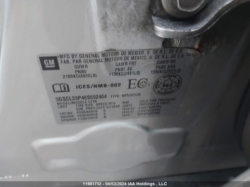 2008 Saturn Vue Xe VIN: 3GSCL33P48S692464 Lot: 11981752