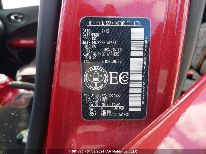2015 Nissan Juke VIN: JN8AF5MV5FT564230 Lot: 11981785