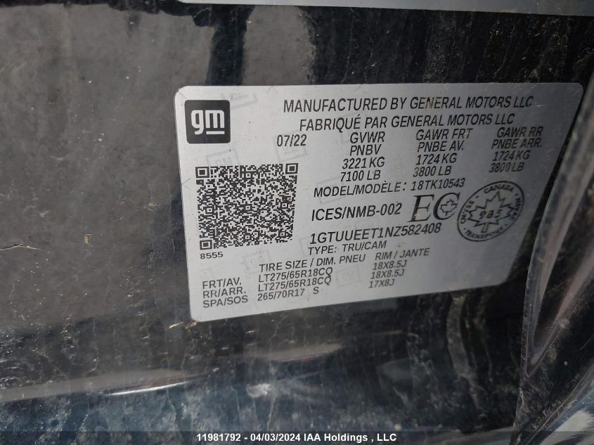 2022 GMC Sierra 1500 VIN: 1GTUUEET1NZ582408 Lot: 11981792