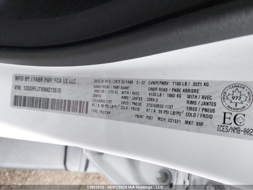 2022 Ram 1500 Laramie VIN: 1C6SRFJTXNN213615 Lot: 11981810