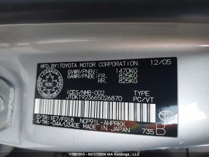 2006 Toyota Yaris VIN: JTDKT923665026870 Lot: 11981915