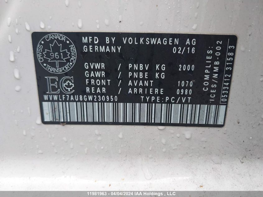 2016 Volkswagen Golf R VIN: WVWLF7AU8GW230950 Lot: 11981963