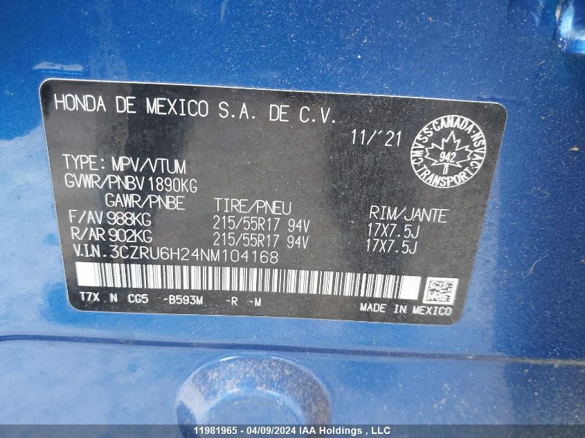 2022 Honda Hr-V VIN: 3CZRU6H24NM104168 Lot: 11981965