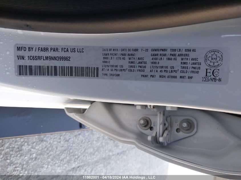 2022 Ram 1500 Rebel VIN: 1C6SRFLM9NN399962 Lot: 11982001