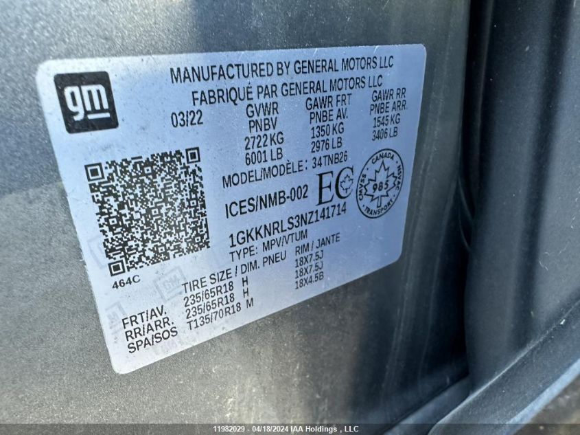 2022 GMC Acadia VIN: 1GKKNRLS3NZ141714 Lot: 11982029