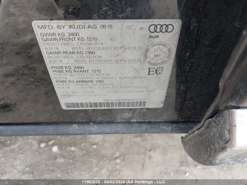 2017 Audi Q5 VIN: WA1L2AFP8HA057127 Lot: 11982032