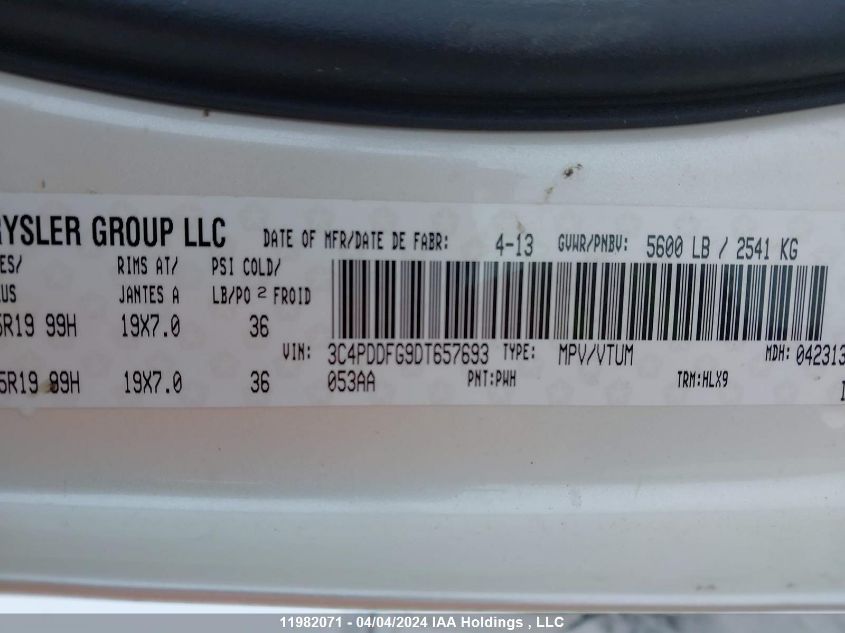 2013 Dodge Journey R/T VIN: 3C4PDDFG9DT657693 Lot: 39226961