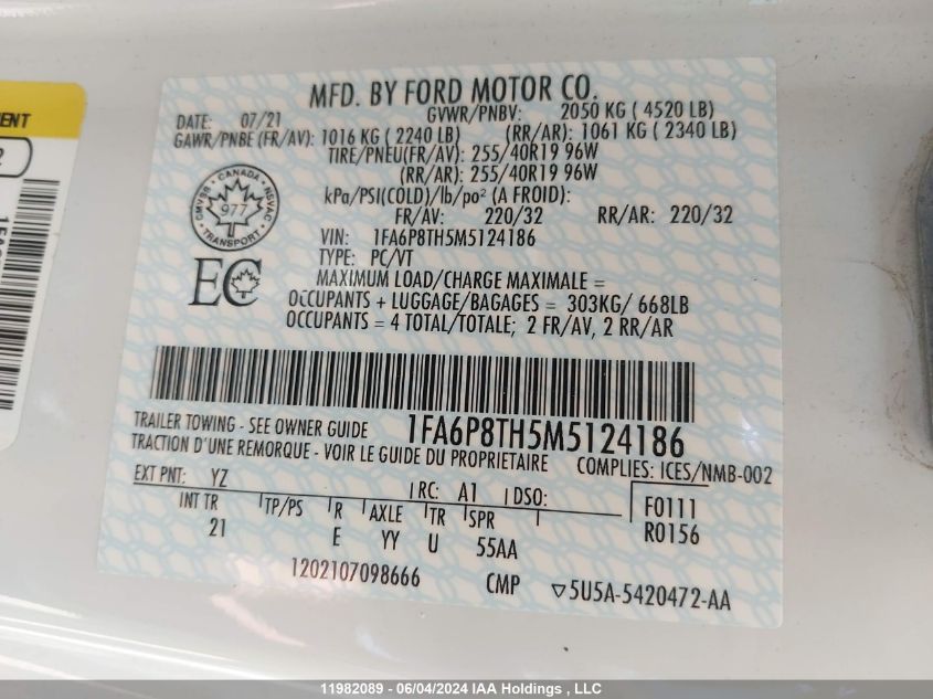 2021 Ford Mustang VIN: 1FA6P8TH5M5124186 Lot: 11982089