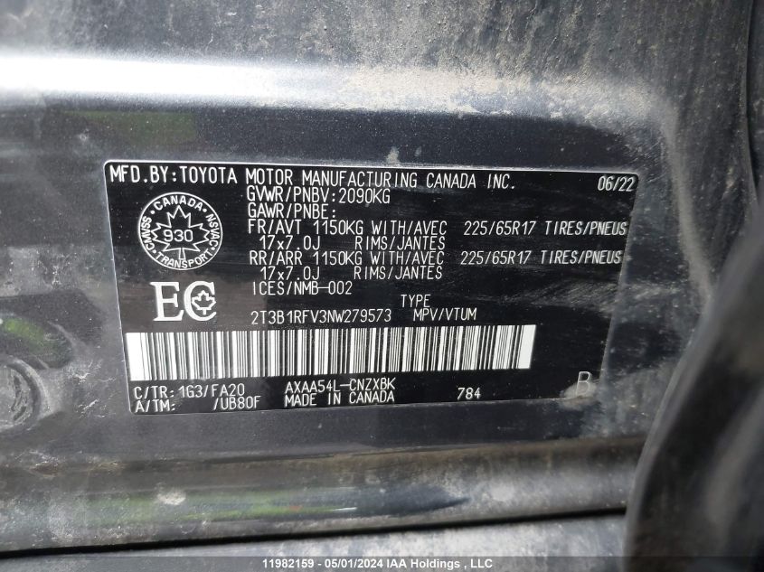 2022 Toyota Rav4 VIN: 2T3B1RFV3NW279573 Lot: 11982159