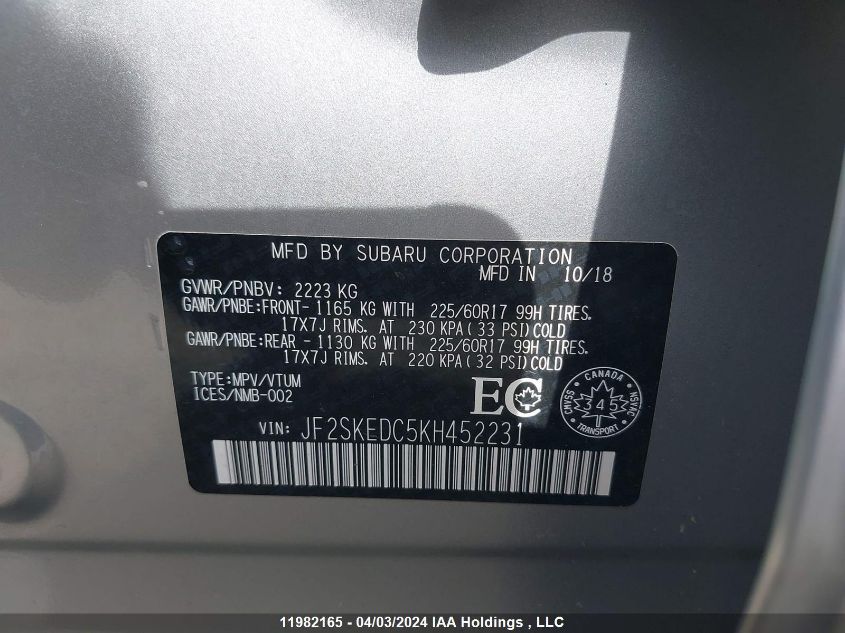 2019 Subaru Forester VIN: JF2SKEDC5KH452231 Lot: 11982165